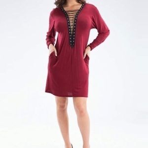 Long sleeve lace up dress/ side pockets